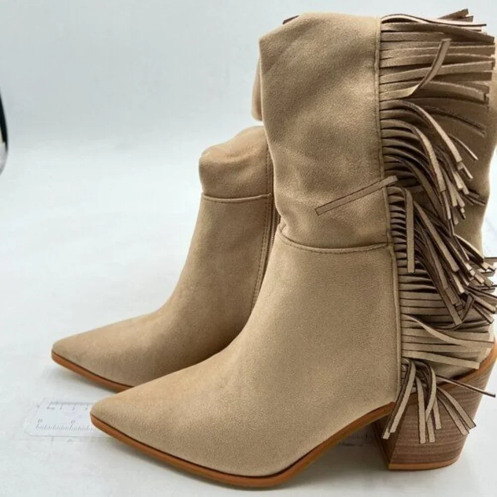 Women Knee High Boots Tassel Suede Pointed Toe Chunky Heel Long Boot Tan
